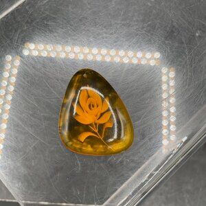 Reverse Carved Amber Lucite Flower Rose Floral Teardrop Pendant Vintage